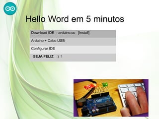 Hello Word em 5 minutos
 Download IDE - arduino.cc [Install]

 Arduino + Cabo USB

 Configurar IDE

  SEJA FELIZ :) !
 