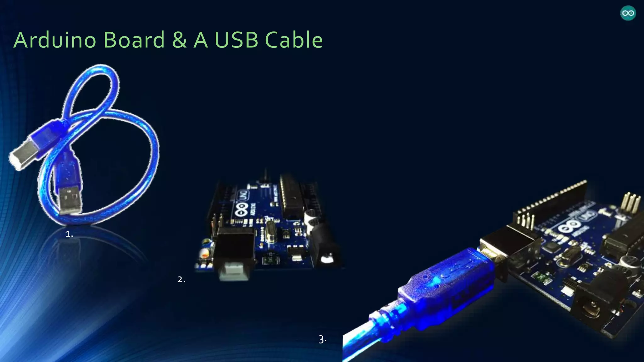 Arduino Board & A USB Cable
1.
2.
3.
 