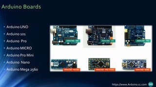 Arduino Boards
• Arduino UNO
• Arduino 101
• Arduino Pro
• Arduino MICRO
• Arduino Pro Mini
• Arduino Nano
• Arduino Mega 2560
https://www.Arduino.cc.com
 