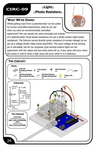 24
CIRC-09
.:Light:.
.:Photo Resistors:.
Whilst getting input from a potentiometer can be useful
for human controlled experiments, what do we use
when we want an environmentally controlled
experiment? We use exactly the same principles but instead
of a potentiometer (twist based resistance) we use a photo resistor (light based
resistance). The Arduino cannot directly sense resistance (it senses voltage) so we
set up a voltage divider (http://ardx.org/VODI). The exact voltage at the sensing
pin is calculable, but for our purposes (just sensing relative light) we can
experiment with the values and see what works for us. A low value will occur when
the sensor is well lit while a high value will occur when it is in darkness.
Wire
Photo-Resistor
x1
330 Ohm Resistor
Orange-Orange-Brown
x1
2 Pin Header
x4
CIRC-09
Breadboard Sheet
x1
Yellow LED
x1
10k Ohm Resistor
Brown-Black-Orange
x1
Arduino
pin 13
LED
resistor
(330ohm)
gnd
(ground) (-)
+5 volts
photo
resistor
resistor
(10k ohm)
Arduino
analog
pin 0
.:download:.
breadboard layout sheet
http://ardx.org/BBLS09S
.:view:.
assembly video
http://ardx.org/VIDE09
WHAT WE’RE DOING:
Parts:
The Internet
THE CIRCUIT:
Schematic
 