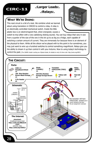 28
CIRC-11
.:Larger Loads:.
.:Relays:.
This next circuit is a bit of a test. We combine what we learned
about using transistors in CIRC03 to control a relay. A relay is
an electrically controlled mechanical switch. Inside the little
plastic box is an electromagnet that, when energized, causes a
switch to trip (often with a very satisfying clicking sound). You can buy relays that vary in size
from a quarter of the size of the one in this kit up to as big as a fridge, each capable of
switching a certain amount of current. They are immensely fun because there is an element of
the physical to them. While all the silicon we've played with to this point is fun sometimes, you
may just want to wire up a hundred switches to control something magnificent. Relays give you
the ability to dream it up then control it with your Arduino. Now to using today's technology to
control the past. (The 1N4001 diode is acting as a flyback diode, for details on why it's there visit: http://ardx.org/4001)
2 Pin Header
x4
CIRC-11
Breadboard Sheet
x1
10k Ohm Resistor
Brown-Black-Orange
x1
330 Ohm Resistor
Orange-Orange-Brown
x2
Red LED
x1
Relay
(SPDT)
x1
Arduino
pin 2
resistor
(10kohm)
gnd
(ground) (-)
Collector Emitter
Base
+5 volts
Transistor
P2N2222AG
Diode
(flyback)
Diode
(1N4001)
x1
the transistor will have
P2N2222AG printed on it
(some variations will have
the pin assignment reversed)
Transistor
P2N2222AG (TO92)
x1
Yellow LED
x1
.:download:.
breadboard layout sheet
http://ardx.org/BBLS11S
.:view:.
assembly video
http://ardx.org/VIDE11
WHAT WE’RE DOING:
Parts:
The Internet
THE CIRCUIT:
Schematic
coil
-
NC
comNO
 
