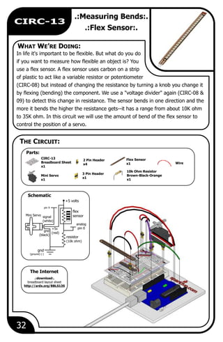 10k Ohm Resistor
Brown-Black-Orange
x1
2 Pin Header
x4
CIRC-13
Breadboard Sheet
x1
Parts:
.:download:.
breadboard layout sheet
http://ardx.org/BBLS13S
The Internet
THE CIRCUIT:
32
.:Measuring Bends:.
.:Flex Sensor:.
In life it's important to be flexible. But what do you do
if you want to measure how flexible an object is? You
use a flex sensor. A flex sensor uses carbon on a strip
of plastic to act like a variable resistor or potentiometer
(CIRC-08) but instead of changing the resistance by turning a knob you change it
by flexing (bending) the component. We use a "voltage divider" again (CIRC-08 &
09) to detect this change in resistance. The sensor bends in one direction and the
more it bends the higher the resistance gets--it has a range from about 10K ohm
to 35K ohm. In this circuit we will use the amount of bend of the flex sensor to
control the position of a servo.
WHAT WE’RE DOING:
Wire
Flex Sensor
x1
CIRC-13
3 Pin Header
x1
Mini Servo
x1
Schematic
+5 volts
flex
sensor
resistor
(10k ohm)
analog
pin 0
pin 9
gnd
(ground) (-)
gnd
(black)
signal
(white)
+5v
(red)
Mini Servo
 