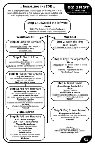 Vista, Seven
Step 5: Add new Hardware
Skip searching the internet
(click the next box when prompted to do so)
Install from a specific location
(click “Install from a list or specific location (Advanced)")
Choose the Location
Duemilanove Board
c:program filesarduino-00
c:program filesarduino-00
rrdriversFTDI USB Drivers
Uno Board
rrdrivers
Finished
Run Device Manager
Start > Run > devmgmt.msc
Choose the Arduino
Other Devices > Arduino Uno (Uno)
Update Driver
click “Update Driver”
Select Driver
click “Browse My Computer for Driver Software”
c:program filesarduino-00rrdrivers
Finished
03
02 INST
installing
(software and hardware)
.: NOTE: :.
.: Encountering problems? :.
.: Would like more details? Using Linux? :.
.: http://ardx.org/LINU :.
Step 1: Download the software
Go to
http://arduino.cc/en/Main/Software
download the software for your operating system
Windows XP Mac OSX
Step 2: Unzip the Software
Unzip
arduino-00 -win.zip
Recommended Path
c:Program Files
rr(rr- version #)
Step 3: Shortcut Icon
Open
c:program filesarduino-00
Right Click
Arduino.exe (send to>Desktop (create shortcut))
rr rr- version #)(
Step 4: Plug In Your Arduino
Plug your Arduino in:
Using the included USB cable, plug your Arduino
board into a free USB port.
Wait for a box to pop up
Step 5: Add new Hardware
.: INSTALLING THE IDE :.
This is the program used to write code for the Arduino. It may
seem a little daunting at first but once you have it installed and
start playing around, its secrets will reveal themselves.
Step 5: Plug In Your Arduino
Plug your Arduino in:
Using the included USB cable, plug your Arduino
board into a free USB port.
Finished
Step 2: Open The .dmg
Open (mount)
arduino-00 -mac.dmgrr(rr- version #)
Step 4: Install Drivers
.:Duemilanove Boards Only:.
Go to
"Arduino" device
FTDI Drivers for Intel Macs ( _ _ ).pkg
(FTDI Drivers for PPC Macs ( _ _ ).pkg
Restart
Double Click & Install
rrrr
rrrr
Step 3: Copy The Application
Go to
"Arduino" (in the devices section of finder)
Move
"Arduino" Application to the
"Applications" folder
 