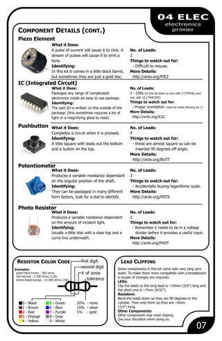 07
04 ELEC
electronics
primer
Piezo Element
What it Does:
A pulse of current will cause it to click. A No. of Leads:
stream of pulses will cause it to emit a 2
tone. Things to watch out for:
Identifying: - Difficult to misuse.
In this kit it comes in a little black barrel, More Details:
but sometimes they are just a gold disc. http://ardx.org/PIEZ
Potentiometer
What it Does: No. of Leads:
Produces a variable resistance dependant 3
on the angular position of the shaft. Things to watch out for:
Identifying: - Accidentally buying logarithmic scale.
They can be packaged in many different More Details:
form factors, look for a dial to identify. http://ardx.org/POTE
IC (Integrated Circuit)
What it Does: No. of Leads:
Packages any range of complicated 2 - 100s (in this kit there is one with 3 (TMP36) and
one with 16 (74HC595)electronics inside an easy to use package.
Things to watch out for:Identifying:
- Proper orientation. (look for marks showing pin 1)The part ID is written on the outside of the
More Details:package. (this sometimes requires a lot of
http://ardx.org/ICIClight or a magnifying glass to read).
Photo Resistor
What it Does: No. of Leads:
Produces a variable resistance dependant 2
on the amount of incident light. Things to watch out for:
Identifying: - Remember it needs to be in a voltage
Usually a little disk with a clear top and a divider before it provides a useful input.
curvy line underneath. More Details:
http://ardx.org/PHOT
Pushbutton What it Does: No. of Leads:
Completes a circuit when it is pressed. 4
Identifying: Things to watch out for:
A little square with leads out the bottom - these are almost square so can be
and a button on the top. inserted 90 degrees off angle.
More Details:
http://ardx.org/BUTT
0 - Black 5 - Green 20% - none
1 - Brown 6 - Blue 10% - silver
2 - Red 7 - Purple 5% - gold
3 - Orange 8 - Grey
4 - Yellow 9 - White
first digit
second digit
# of zeros
tolerance
Examples:
green-blue-brown - 560 ohms
red-red-red - 2 200 ohms (2.2k)
brown-black-orange - 10 000 ohms (10k)
RESISTOR COLOR CODE LEAD CLIPPING
Some components in this kit come with very long wire
leads. To make them more compatible with a breadboard
a couple of changes are required.
LEDs:
Clip the leads so the long lead is ~10mm (3/8”) long and
the short one is ~7mm (9/32”).
Resistors:
Bend the leads down so they are 90 degrees to the
cylinder. Then snip them so they are ~6mm
(1/4”) long.
Other Components:
Other components may need clipping.
Use your discretion when doing so.
COMPONENT DETAILS (CONT.)
 