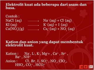Elektrolit kuat ada beberapa dari asam dan
basa.
Contoh :
NaCl (aq) Na+
(aq) + Cl-
(aq)
KI (aq) K+
(aq) + I-
(aq)
Ca(NO3)2(g) Ca2
+
(aq) + NO3
-
(aq)
Kation dan anion yang dapat membentuk
elektrolit kuat.
Kation : Na+
, L+
, K+
, Mg2
+ , Ca2+
, Sr2+
,
Ba2+
, NH4+
Anion : Cl-
, Br-
, I-
, SO4
2-
, NO3
-
, ClO4
-
,
HSO4
-
, CO3
2-
, HCO3
2-
exit
 