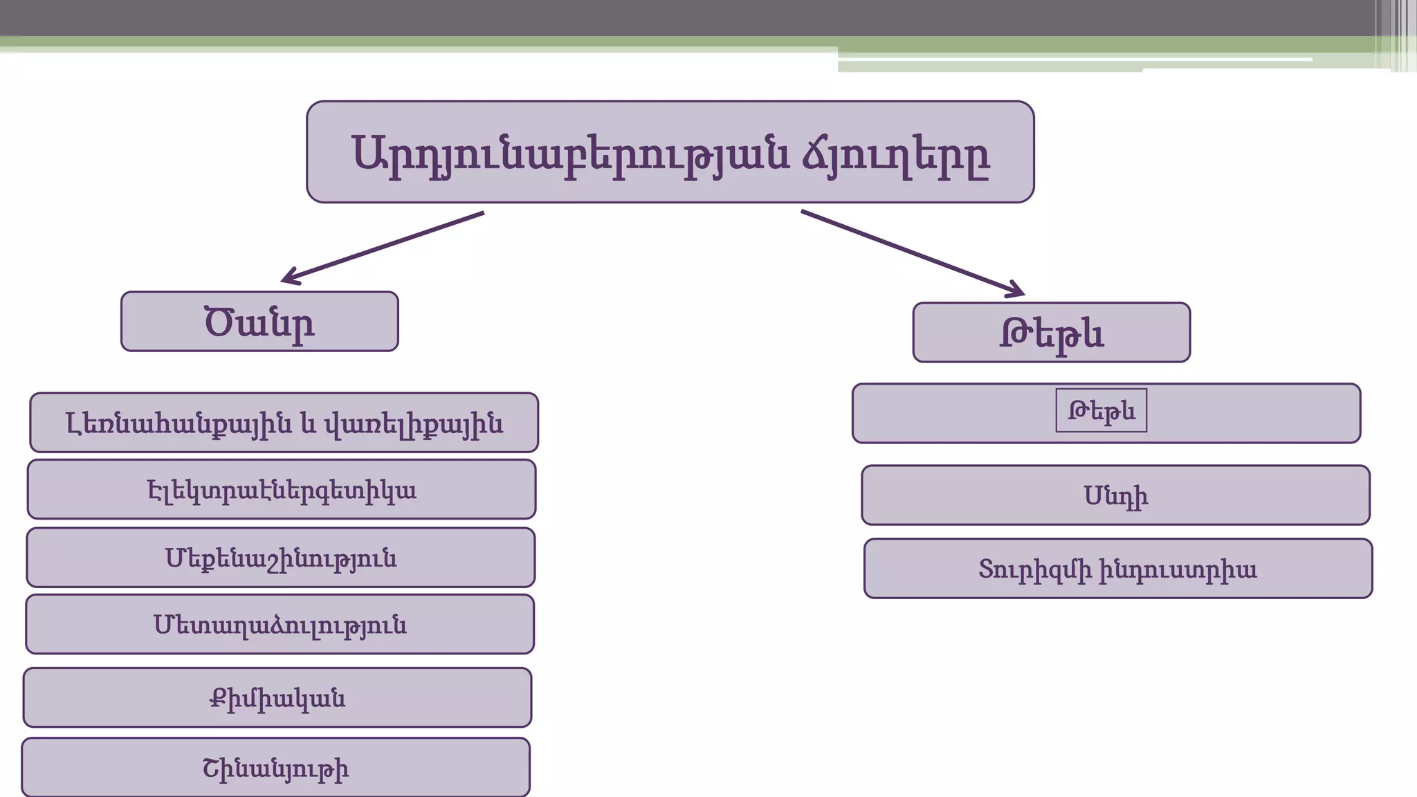 Արդյունաբերության ճյուղերը

Ծանր
Լեռնահանքային և վառելիքային

Թեթև
Թեթև

Էլեկտրաէներգետիկա

Սնդի

Մեքենաշինություն

Տուրիզմի ինդուստրիա

Մետաղաձուլություն
Քիմիական
Շինանյութի

 