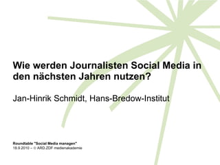 Wie werden Journalisten Social Media in den nächsten Jahren nutzen? Jan-Hinrik Schmidt, Hans-Bredow-Institut 