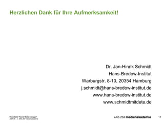 Herzlichen Dank für Ihre Aufmerksamkeit! Dr. Jan-Hinrik Schmidt Hans-Bredow-Institut Warburgstr. 8-10, 20354 Hamburg [email_address] www.hans-bredow-institut.de www.schmidtmitdete.de 