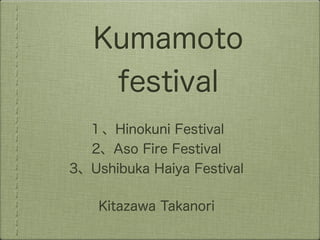 Kumamoto
    festival
  １、Hinokuni Festival
  2、Aso Fire Festival
3、Ushibuka Haiya Festival

    Kitazawa Takanori
 