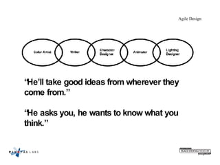 Agile Design “ He’ll take good ideas from wherever they come from.”  “He asks you, he wants to know what you think.” 