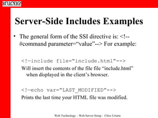Server-Side Includes Examples The general form of the SSI directive is: <!--#command parameter=“value”--> For example:  <!—include file=“include.html”-->  Will insert the contents of the file file “include.html” when displayed in the client’s browser. <!—echo var=“LAST_MODIFIED”-->  Prints the last time your HTML file was modified.  