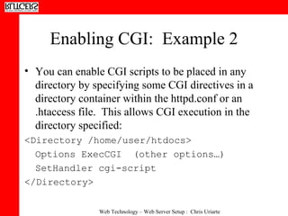Enabling CGI:  Example 2 You can enable CGI scripts to be placed in any directory by specifying some CGI directives in a directory container within the httpd.conf or an .htaccess file.  This allows CGI execution in the directory specified: <Directory /home/user/htdocs> Options ExecCGI  (other options…) SetHandler cgi-script </Directory> 