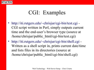 CGI:  Examples http://iti.rutgers.edu/~chrisjur/cgi-bin/test.cgi  - CGI script written in Perl, simply outputs current time and the end-user’s browser type (source at /home/chrisjur/public_html/cgi-bin/test.cgi) http://iti.rutgers.edu/~chrisjur/cgi-bin/shell.cgi  - Written as a shell script in, prints current date/time and lists files in its directories (source at /home/chrisjur/public_html/cgi-bin/shell.cgi) 