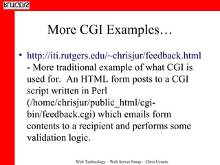 More CGI Examples… http://iti.rutgers.edu/~chrisjur/feedback.html  - More traditional example of what CGI is used for.  An HTML form posts to a CGI script written in Perl (/home/chrisjur/public_html/cgi-bin/feedback.cgi) which emails form contents to a recipient and performs some validation logic. 