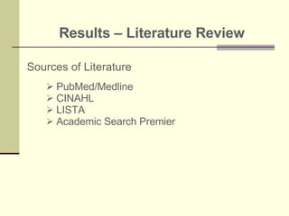 Results – Literature Review Sources of Literature PubMed/Medline CINAHL LISTA Academic Search Premier 