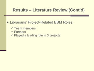 Results – Literature Review (Cont’d)   Librarians’ Project-Related EBM Roles: Team members Partners Played a leading role in 3 projects 