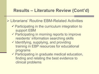 Results – Literature Review (Cont’d)   Librarians’ Routine EBM-Related Activities Participating in the curriculum integration to  support EBM Participating in morning reports to improve residents’ information searching skills Identifying, supplying, and providing training in EBP resources for educational  programs Participating in graduate medical education, finding and relating the best evidence to  clinical problems 
