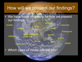 How will we present our findings? We have loads of options for how we present our findings: Which types of media interest you? poems story quiz Video diary collage movie Large annotated world map speech song drama Powerpoint leaflet costumes models posters 