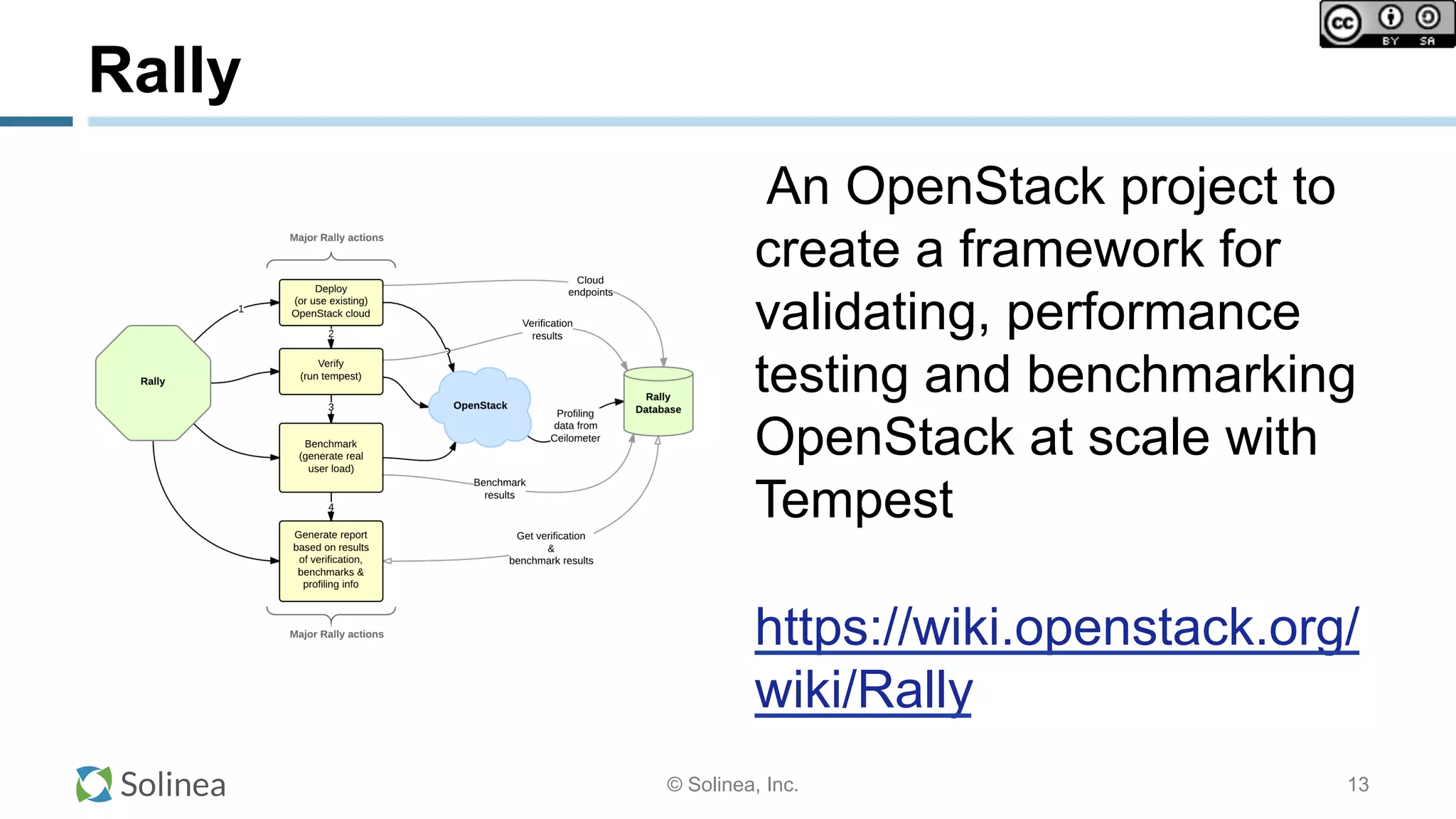 © Solinea, Inc.
An OpenStack project to
create a framework for
validating, performance
testing and benchmarking
OpenStack at scale with
Tempest
https://wiki.openstack.org/
wiki/Rally
13
Rally
 