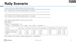 © Solinea, Inc.
Rally Scenario
$ rally task start summit/create-and-list-users.json
================================================================================
Task 57bc6d22-76c2-4450-b834-daa48c41d6e0 is started
--------------------------------------------------------------------------------
================================================================================
Task 57bc6d22-76c2-4450-b834-daa48c41d6e0 is finished.
--------------------------------------------------------------------------------
test scenario KeystoneBasic.create_and_list_users
args position 0
args values:
{u'args': {u'name_length': 10},
u'runner': {u'concurrency': 10, u'times': 100, u'type': u'constant'}}
+----------------------+-----------+-----------+-----------+---------------+---------------+---------+-------+
| action | min (sec) | avg (sec) | max (sec) | 90 percentile | 95 percentile | success | count |
+----------------------+-----------+-----------+-----------+---------------+---------------+---------+-------+
| keystone.create_user | 1.767 | 3.478 | 5.944 | 4.565 | 4.694 | 100.0% | 100 |
| keystone.list_users | 0.077 | 0.464 | 1.516 | 1.01 | 1.143 | 100.0% | 100 |
| total | 1.982 | 3.942 | 6.218 | 4.956 | 5.214 | 100.0% | 100 |
+----------------------+-----------+-----------+-----------+---------------+---------------+---------+-------+
Whole scenario time without context preparation: 40.6584420204
14
 
