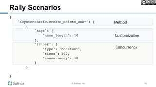 © Solinea, Inc.
Rally Scenarios
{
"KeystoneBasic.create_delete_user": [
{
"args": {
"name_length": 10
},
"runner": {
"type": "constant",
"times": 100,
"concurrency": 10
}
}
]
}
16
Method
Customization
Concurrency
 