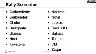 © Solinea, Inc.
Rally Scenarios
!  Authenticate
!  Ceilometer
!  Cinder
!  Designate
!  Glance
!  Heat
!  Keystone
!  Neutron
!  Nova
!  quotas
!  Requests
!  Sahara
!  Tempest
!  VM
!  Zaqar 17
 