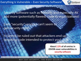 Everything Is Vulnerable – Even Security Software!

About 2.2% of all entries in
OSVDB cover vulnerabilities in
security s...