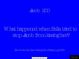 Jacob  200 She broke her hand hitting him (Eclipse, pg 343) Home What happened when Bella tried to stop Jacob from kissing her? 