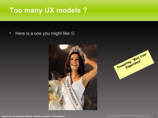 Too many UX models ? Here is a one you might like   Presenting “Miss User Experience” Inspired by comments from Radhika . Usability consultant , Texity Systems http://www.abc.net.au/reslib/200505/r48586_128144.jpg miss universe 
