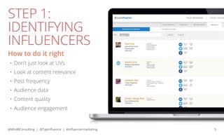 STEP 1:
IDENTIFYING
INFLUENCERS
How to do it right
•	 Don’t just look at UVs
•	 Look at content relevance
•	 Post frequency
•	 Audience data
•	 Content quality
•	 Audience engagement

@MtoMConsulting | @TapInfluence | #influencermarketing

5

 