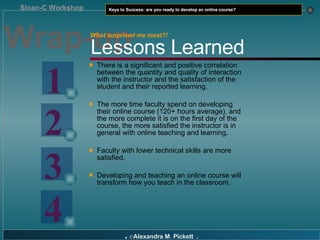 Wrap-up There is a significant and positive correlation between the quantity and quality of interaction with the instructor and the satisfaction of the student and their reported learning. The more time faculty spend on developing their online course (120+ hours average), and the more complete it is on the first day of the course, the more satisfied the instructor is in general with online teaching and learning. Faculty with lower technical skills are more satisfied. Developing and teaching an online course will transform how you teach in the classroom. Lessons Learned 1 2 3 4 What surprised me most?! 