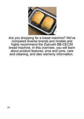 Are you shopping for a bread machine? We've
   compared diverse brands and models and
  highly recommend the Zojirushi BB-CEC20
 bread machine. In this overview, you will learn
  about product features, pros and cons, care
 and cleaning, and also warranty information.




url
 