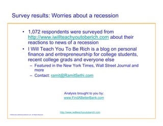 Survey results: Worries about a recession

                    • 1,072 respondents were surveyed from
                      http://www.iwillteachyoutoberich.com about their
                      reactions to news of a recession
                    • I Will Teach You To Be Rich is a blog on personal
                      finance and entrepreneurship for college students,
                      recent college grads and everyone else
                                 – Featured in the New York Times, Wall Street Journal and
                                   more
                                 – Contact: ramit@RamitSethi.com



                                                              Analysis brought to you by:
                                                              www.FindABetterBank.com



                                                           http://www.iwillteachyoutoberich.com
©2008 www.iwillteachyoutoberich.com All Rights Reserved.
