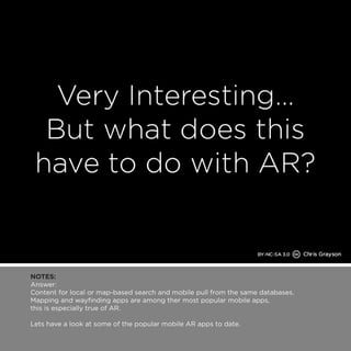 NOTES: 
Answer: 
Content for local or map-based search and mobile pull from the same databases. 
Mapping and wayfinding apps are among ther most popular mobile apps, 
this is especially true of AR. 
Lets have a look at some of the popular mobile AR apps to date. 
 