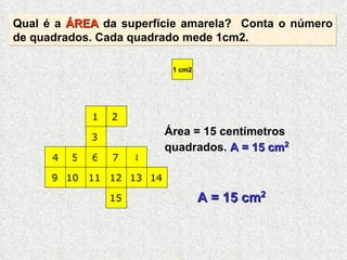Área = 15 centímetros quadrados.  A = 15 cm 2 Qual é a  ÁREA  da superfície amarela?  Conta o número de quadrados. Cada quadrado mede 1cm2. 1 2 3 4 5 6 7 8 9 10 11 12 13 14 15 1 cm2 A = 15 cm 2 