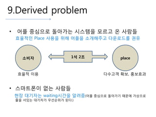 9.Derived problem
• 플 중심으로 돌아가는 시스템을 모르고 온 사람들
효율적인 Place 사용을 위해 플을 소개해주고 다운로드를 권유
효율적 이용 다수고객 확보, 홍보효과
• 스마트폰이 없는 사람들
현장 대기자는 waiting시간을 알려줌(플 중심으로 돌아가기 때문에 가상으로
줄을 서있는 대기자가 우선순위가 된다.)
소비자 place1석 2조
 