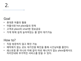 2.
Goal
• 휴대폰 플의 활용
• 플사와 hot place들의 연계
• 고객과 place의 smart한 정보공유
• 가게 밖에 길게 늘어져있는 줄 없이 대기가능
How to?
• 직접 방문하지 않고 확인 가능
• 예약제가 없는 곳도 대기인원 확인을 통해 시간낭비를 줄인다.
• 레스토랑 뿐 아니라 카페 같이 따로 매니저가 없는 place들에서도
자리안내와 부가적인 서비스를 받을 수 있다.
 