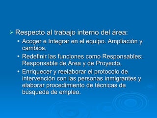Respecto al trabajo interno del área: Acoger e Integrar en el equipo. Ampliación y cambios. Redefinir las funciones como Responsables: Responsable de Área y de Proyecto. Enriquecer y reelaborar el protocolo de intervención con las personas inmigrantes y elaborar procedimiento de técnicas de búsqueda de empleo. 