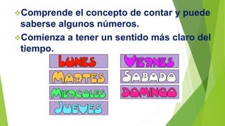 Comprende el concepto de contar y puede
saberse algunos números.
Comienza a tener un sentido más claro del
tiempo.
 