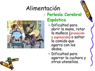 Alimentación Perlesía  Cerebral  Espástica Dificultad para abrir la mano, rotar la muñeca ( pronación y supinación ) o soltar la comida que agarra con los dedos. Dificultad para agarrar la cuchara y otros utensilios. 