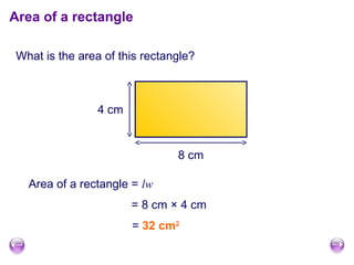 Area of a rectangle
What is the area of this rectangle?
8 cm
4 cm
Area of a rectangle = lw
= 8 cm × 4 cm
= 32 cm2
 