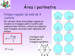 Àrea i perímetre
Polígon regular de més de 4
costats
Per calcular l’àrea d’un polígon regular,es
divideix en triangles unint el centre amb
cadascun dels vèrtexs. L’altura de cadascun
dels triangles coincideix amb l’apotema del
polígon.
cnP
apP
A
·
2
·
=
=
L’hexàgon està
format per 6
triangles equilàters
 