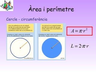 Àrea i perímetre
Cercle - circumferència
rL
rA
··2
· 2
π
π
=
=
 