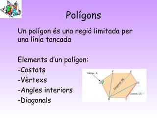 Polígons
Un polígon és una regió limitada per
una línia tancada
Elements d’un polígon:
-Costats
-Vèrtexs
-Angles interiors
-Diagonals
 