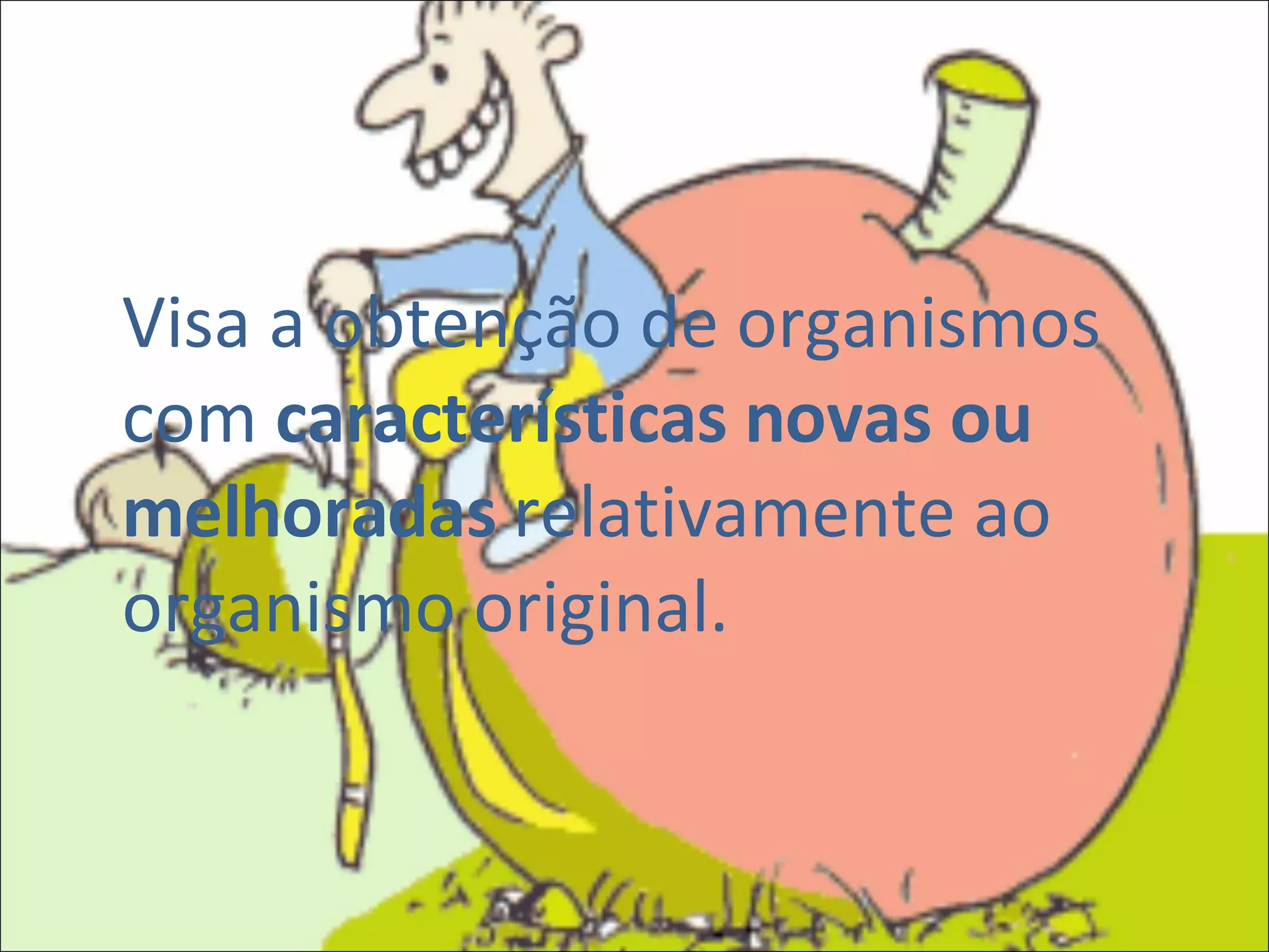 Visa a obtenção de organismos com  características novas ou melhoradas  relativamente ao organismo original. 
