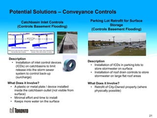 21
Potential Solutions – Conveyance Controls
Parking Lot Retrofit for Surface
Storage
(Controls Basement Flooding)
Catchbasin Inlet Controls
(Controls Basement Flooding)
What Does it Involve?
• A plastic or metal plate / device installed
inside the catchbasin outlet (not visible from
surface)
• Minimal effort and time to install
• Keeps more water on the surface
Description
• Installation of ICDs in parking lots to
store stormwater on surface
• Installation of roof drain controls to store
stormwater on large flat roof areas
What Does it Involve?
• Retrofit of City-Owned property (where
physically possible)
Description
• Installation of inlet control devices
(ICDs) on catchbasins to limit
release into the storm sewer
system to control back-up
(surcharge)
 
