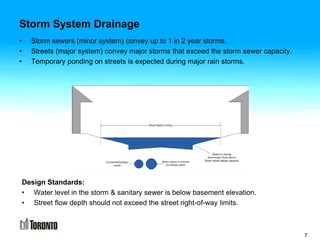 • Storm sewers (minor system) convey up to 1 in 2 year storms.
• Streets (major system) convey major storms that exceed the storm sewer capacity.
• Temporary ponding on streets is expected during major rain storms.
Design Standards:
• Water level in the storm & sanitary sewer is below basement elevation.
• Street flow depth should not exceed the street right-of-way limits.
Storm System Drainage
7
 
