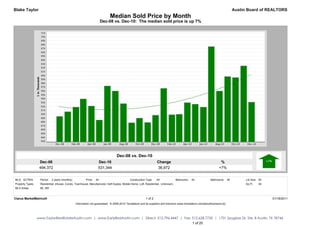 Blake Taylor                                                                                                                                                                         Austin Board of REALTORS
                                                                             Median Sold Price by Month
                                                                        Dec-08 vs. Dec-10: The median sold price is up 7%




                                                                                  Dec-08 vs. Dec-10
                   Dec-08                                           Dec-10                                         Change                                              %
                   494,372                                          531,344                                        36,972                                             +7%


MLS: ACTRIS        Period:   2 years (monthly)           Price:   All                        Construction Type:    All            Bedrooms:    All             Bathrooms:      All         Lot Size: All
Property Types:    Residential: (House, Condo, Townhouse, Manufactured, Half Duplex, Mobile Home, Loft, Residential - Unknown)                                                             Sq Ft:    All
MLS Areas:         8E, 8W


Clarus MarketMetrics®                                                                                     1 of 2                                                                                           01/18/2011
                                                 Information not guaranteed. © 2009-2010 Terradatum and its suppliers and licensors (www.terradatum.com/about/licensors.td).




                  www.TaylorRealEstateAustin.com | www.EarlyBirdAustin.com | Direct: 512.796.4447 | Fax: 512.628.7720 | 1701 Spyglass Dr. Ste. 8 Austin, TX 78746
                                                                                                         1 of 20
 