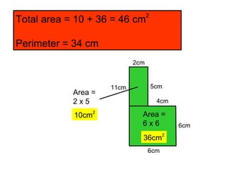 Area = 2 x 5 10cm 2 Area = 6 x 6 36cm 2 Total area = 10 + 36 = 46 cm 2 Perimeter = 34 cm 6cm 6cm 11cm 2cm 4cm 5cm 