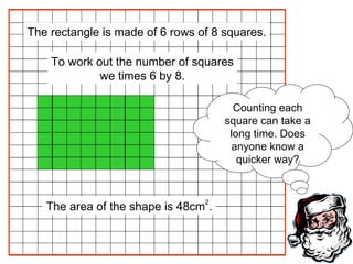 The area of the shape is 48cm 2 . The rectangle is made of 6 rows of 8 squares. To work out the number of squares we times 6 by 8. Counting each square can take a long time. Does anyone know a quicker way? 